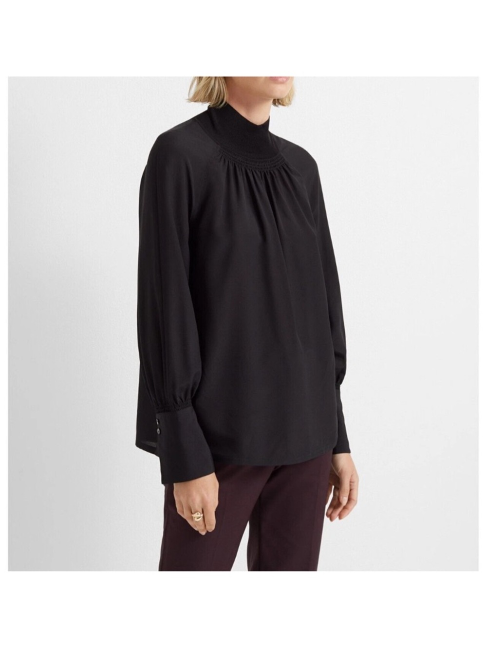 Club Monaco Elegant Black Smocked-Neck Blouse